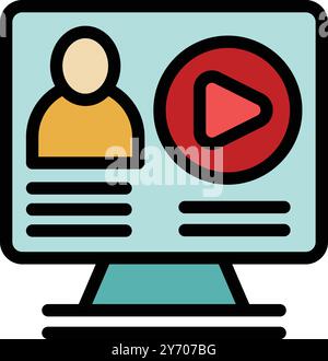 Symbol im Zeichentrickstil, das das Profil eines Online-Video-Bloggers darstellt, wie auf einem Computerbildschirm dargestellt Stock Vektor