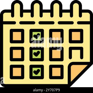 Der gelbe Kalender zeigt die Tage an, die mit Häkchen versehen sind, um abgeschlossene Aufgaben oder Termine anzuzeigen Stock Vektor