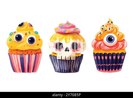 Aquarell Halloween Cupcakes Set. Gruselig dekorierte Muffins. Halloween-Essen für Weihnachtsmotive Stock Vektor