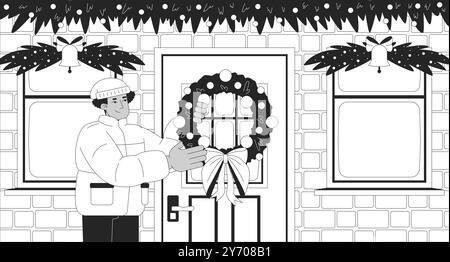 Hängender Weihnachtskranz an der Vordertür schwarz-weiße Linie Illustration Stock Vektor
