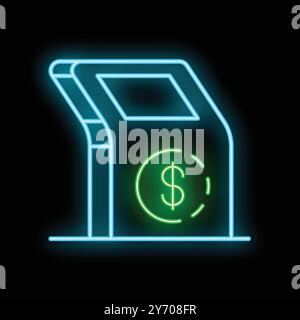 Symbol für das Informationskiosk-Terminal mit leuchtender Neonlinie auf schwarzem Hintergrund isoliert. Dollarzeichen. Akzeptanz von Münzzahlungen in Dollar. Farbsymbol Konzept. Vektorabbildung Stock Vektor