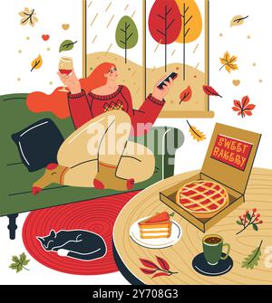 Gemütliche Zeit zu Hause. Ein Mädchen in einem Pullover auf der Couch Herbstfenster Herbstszene Kuchen Tee Wein Katze Innenausstattung Stock Vektor