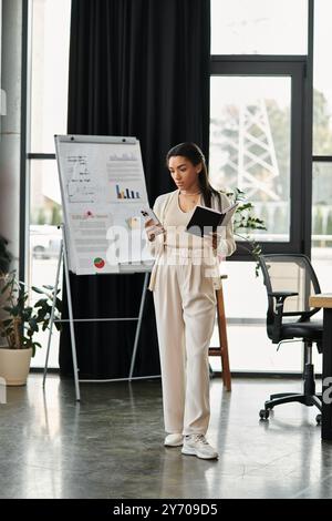 Die junge Frau steht selbstbewusst in einem hellen Büro und liest ihre Notizen vor einer Präsentation. Stockfoto