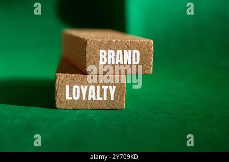 Markenbotschaft auf Holzblöcken mit grünem Hintergrund. Konzeptionelles Symbol für Markenloyalität. Kopierbereich. Stockfoto