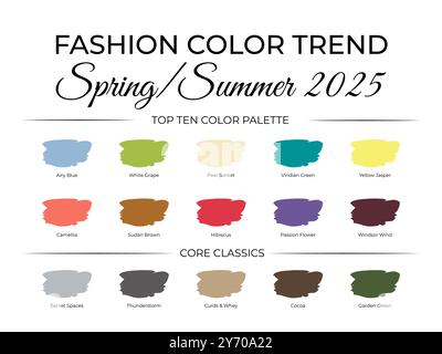 Fashion Color Trend Frühjahr - Sommer 2025. Leitfaden für trendige Farben. Pinselstriche der Farbe mit Namensfeldern. Einfach zu bearbeitende Vektorvorlage Stock Vektor
