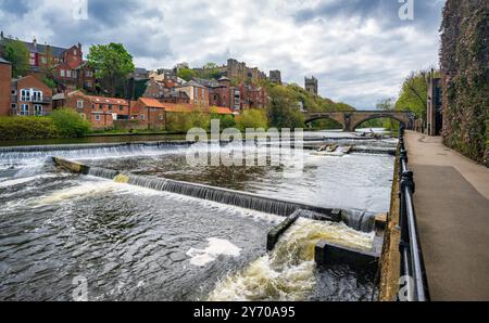 Wehre unter der Milburngate Bridge mit Fischleitern auf dem Fluss Wear, Durham, England, Großbritannien. Stockfoto