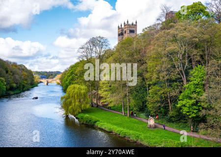 Blick von der Prebend's Bridge, Blick nach Norden auf den River Wear, zeigt die Türme der Durham Cathedral auf der Halbinsel, Durham, England, Großbritannien. Stockfoto