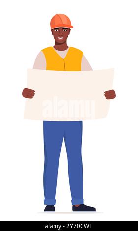 Black man Ingenieur. Bauarbeiter in Uniform und orangefarbenem Schutzhelm, mit Zeichnung in der Hand. Leiter der Bauarbeiten. Vektorillu Stock Vektor