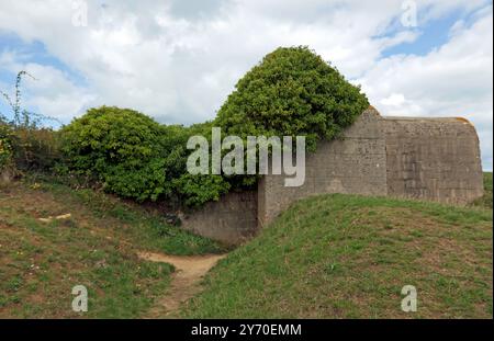 Nahaufnahme einer M272-Konstruktion, deutsche Kasematten, in der Longues-sur-Mer Batterie, sie tauschten am D-Day, 6. Juni 1944, mit alliierten Schiffen. Stockfoto