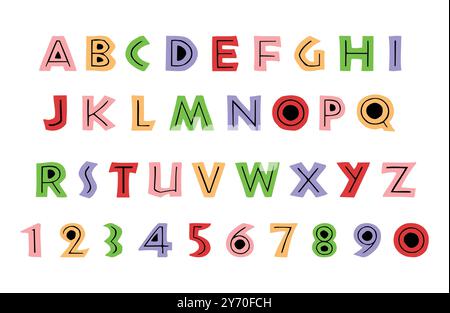 Buntes handgezeichnetes Alphabet und Zahlen in verspieltem, blockigem Stil mit verschiedenen hellen Farbtönen Stock Vektor