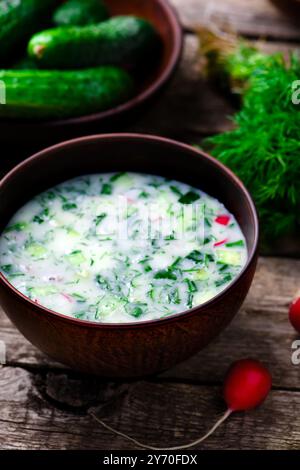 Okroschka, traditionelle russische kalte Suppe. Rustikaler Stil. Selektiver Fokus Stockfoto