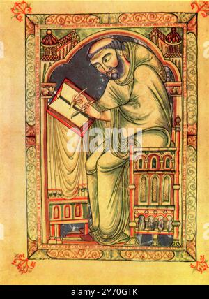 Eadwine an seinem Schreibtisch, 12. Jahrhundert. Vom Eadwine Psalter oder Eadwin Psalter. Stockfoto