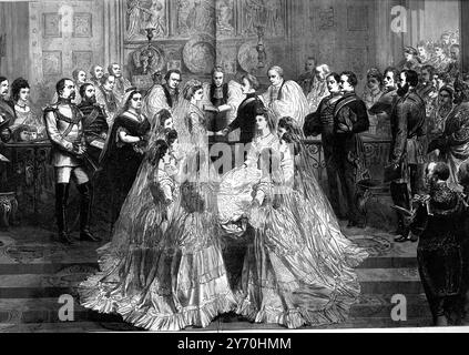 Königliche Hochzeit von Prinzessin Louise und John Campbell, Marquis of Lorne am 21. März 1871 die Hochzeitszeremonie in der St. George's Chapel, Windsor Prinzessin Louise, Herzogin von Argyll, VA, CI, GCVO, GBE, RRC, GCSTJ (Louise Caroline Alberta; 18. März 1848–3. Dezember 1939) war das sechste Kind und vierte Tochter von Königin Victoria und Prinz Albert. John George Edward Henry Douglas Sutherland Campbell, 9. Duke of Argyll, KG, KT, GCMG, GCVO, VD, PC (6. August 1845 – 2. Mai 1914), meist besser bekannt unter dem Höflichkeitstitel Marquess of Lorne, unter dem er zwischen 1847 und 1900 bekannt war, war ein britischer n Stockfoto