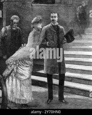 Königliche Hochzeit von Prinzessin Helen von Waldeck-Pyrmont mit Prinz Leopold, Herzog von Albany . Die Ankunft des Herzogs und der Herzogin von Albany in Claremont am 27. April 1882 Prinzessin Helena von Waldeck und Pyrmont [1] (Helene Friederike Auguste; spätere Herzogin von Albany; 17. Februar 1861 bis 1. September 1922), die durch Heirat Mitglied der britischen Königsfamilie wurde, war die Tochter von George Victor, Prinz von Waldeck und Pyrmont (heute Regionen in Deutschland) und seiner Frau, Prinzessin Helena von Nassau. Prinz Leopold, Herzog von Albany, KG, KT, GCSI, GCMG, GCStJ (Leopold George Duncan Albert Stockfoto
