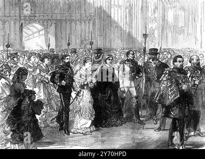 Heirat von Prinzessin Louise mit John Campbell, Marquess of Lorne am 21. März 1871 die Brautprozession in der St. George's Chapel . Windsor Prinzessin Louise, Herzogin von Argyll, VA, CI, GCVO, GBE, RRC, GCStJ (Louise Caroline Alberta; 18. März 1848–3. Dezember 1939) war das sechste Kind und vierte Tochter von Queen Victoria und Prinz Albert. John George Edward Henry Douglas Sutherland Campbell, 9. Duke of Argyll, KG, KT, GCMG, GCVO, VD, PC (6. August 1845 – 2. Mai 1914), meist besser bekannt unter dem Höflichkeitstitel Marquess of Lorne, unter dem er zwischen 1847 und 1900 bekannt war, war ein britischer Nobl Stockfoto