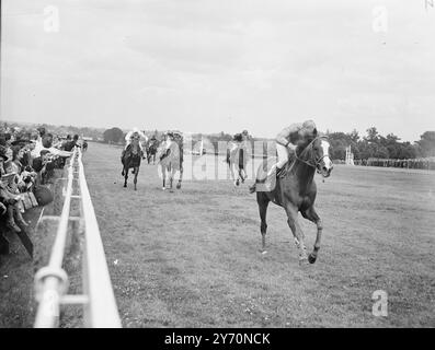 DJEDDAH gewinnt ECLIPSE STAKES M.M. Dunssac's DJEDDAH, geritten von Jockey C. Elliott, gewann heute Nachmittag die Eclipse Stakes im Sandown Park in einfacher Manier von Miss Dorothy Paget's TENNYSON (M.. Beary oben) (in der Mitte und hinten) und FAUX TIRAGE, geritten von W.H.Carr (links), der 3. Platz belegte Das Rennen wurde über eine Distanz von 1/4 Meilen gefahren und war die 62. Erneuerung der Eclipse Stakes . August 1949 Stockfoto