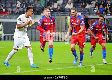 Frankfurt, Deutschland 26. September 2024: Europa League - 2024/2025 - Eintracht Frankfurt gegen FC Viktoria Pilsen im Bild: Torschuetze Pavel Sulc (Pilsen)(2). v.li.) freut sich ueber sein Tor zum 1:1. Stockfoto