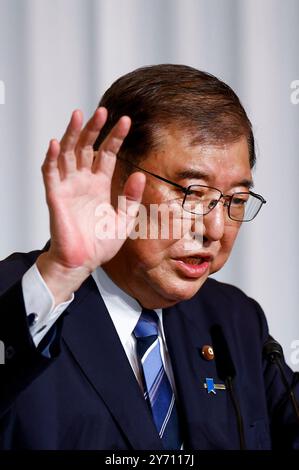 Tokio, Japan. September 2024. Shigeru Ishiba, der neu gewählte Führer der japanischen Regierungspartei, der Liberalen Demokratischen Partei (LDP), hält nach den LDP-Führungswahlen am 27. September 2024 in Tokio, Japan, eine Pressekonferenz ab. (Credit Image: © POOL Via ZUMA Press Wire/Alamy Live News) NUR REDAKTIONELLE VERWENDUNG! Nicht für kommerzielle ZWECKE! Stockfoto