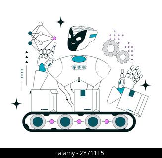 Einfluss künstlicher Intelligenz auf das Geschäft. KI-gestützte Produktionsoptimierung. Steigerung der Effizienz des Produktionsprozesses Selbstlernsystem zur Verarbeitung von Big Data. Illustration des flachen Vektors Stock Vektor