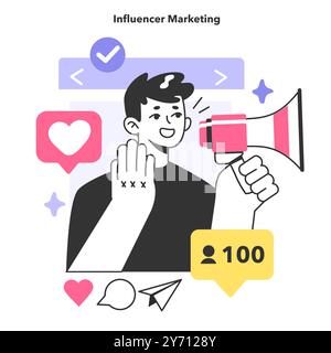 Influencer Marketing. Digitale Werbung in sozialen Netzwerken. Website- oder Markenwerbung und Öffentlichkeitsarbeit. Social-Media-Influencer, beliebte Berühmtheiten locken Kunden an. Illustration des flachen Vektors Stock Vektor