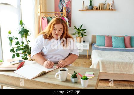 Eine Frau in Übergröße sitzt an einem Holztisch, konzentriert auf das Schreiben in einem Notizbuch, umgeben von Pflanzen. Stockfoto