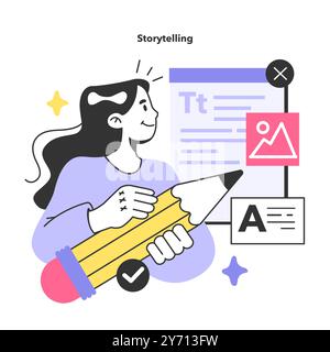 Storytelling für Marketing- und Werbekampagnen in sozialen Medien. Eine Frau, die einen Stift hält und einen Text schreibt. Texter, der einen artikel oder Essay schreibt. Illustration des flachen Vektors Stock Vektor
