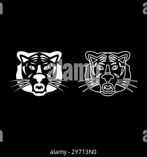 Tiger Kopf Set Symbol weiß Farbe Vektor Illustration Bild einfache Vollfüllung Kontur Linie dünn flach Stil Stock Vektor
