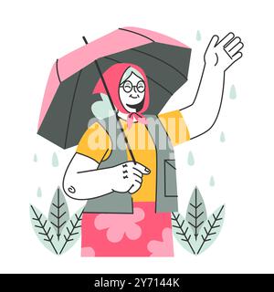 Seniorencharakter unter dem Regen. Regnerisches und bewölktes Wetter im Sommer oder Frühling. Eine alte Frau unter dem Schirm, die draußen läuft. Illustration des flachen Vektors Stock Vektor