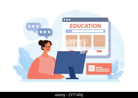 Online-Schulungen. Charakterstudien per Fernzugriff über Internet, Online-Dienste, Anwendung oder Website. Idee des e-Learning und Wissensgewinnung durch moderne Online-Kurse. Illustration des flachen Vektors Stock Vektor