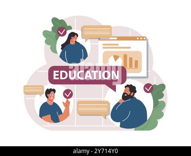Online-Schulungen. Charakterstudien per Fernzugriff über Internet, Online-Dienste, Anwendung oder Website. Idee des e-Learning und Wissensgewinnung durch moderne Online-Kurse. Illustration des flachen Vektors Stock Vektor