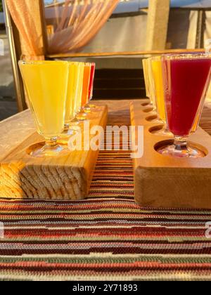 Bunte, transparente Cocktails, Set mit Shots in einer Reihe Stockfoto
