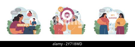 Eine Gruppe von Menschen feiert einen Gesamtsieg. Teamwork oder Erfolg von Freunden. Glückliche Charaktere zusammen, Unternehmenserfolg. Illustration des flachen Vektors Stock Vektor