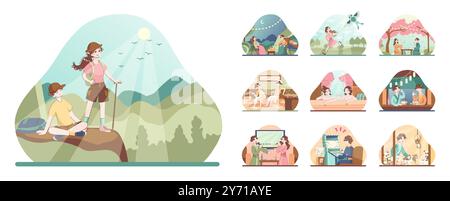 Asiatische Menschen genießen ihre Freizeit. Japanische Charaktere machen traditionelle Freizeitaktivitäten und Hobbys. Sport, Festivalaktivitäten und Onsen. Illustration des flachen Vektors Stock Vektor