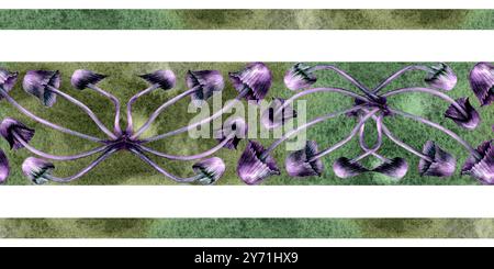 Nahtlose horizontale Grenze mit giftigen lila Toadstools auf grünem Hintergrund. Aquarellvorlage für Esoterik, Hexerei, Halloween: Stockfoto