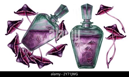 Vertikale und geneigte transparente grüne Flasche mit flüssigen und giftigen violetten Toadstools. Aquarellvorlage für Esoterik, Hexerei, Stockfoto