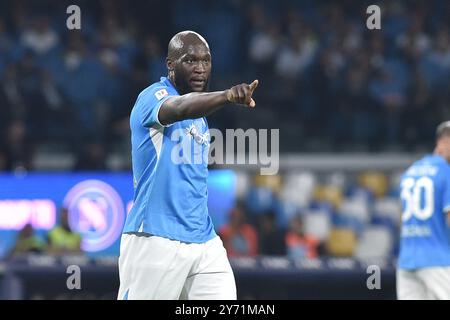 Neapel, Italien. September 2024. Romelu Lukaku vom SSC Napoli Gesten beim Coppa Italia Freccia Rossa Spiel zwischen SSC Napoli und Palermo FC. Neapel gewinnt mit 5:0. (Kreditbild: © Agostino Gemito/Pacific Press via ZUMA Press Wire) NUR REDAKTIONELLE VERWENDUNG! Nicht für kommerzielle ZWECKE! Stockfoto