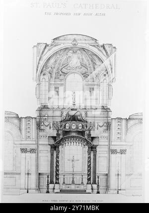 NEUER HOCHALTAR FÜR ST. PAUL's Eine Zeichnung des vorgeschlagenen neuen Hochaltars , Teil des vorläufigen Plans , der vom Dekan und Kapitel der St verabschiedet wurde . Paul's Cathedral für die Restaurierung des East End des Chores der Kathedrale . Es wurde beschlossen , dass die stark beschädigten Reredos nicht wiederhergestellt werden und die unbeschädigten Teile davon abgenommen und aufbewahrt werden . Die von der Royal Fine Arts commission genehmigte Restaurierung dieses Teils der Kathedrale kann bis zu fünf Jahre dauern . Die neuen Pläne werden die Bereitstellung der geplanten American Memorial Chapel in der Apsis ermöglichen Stockfoto