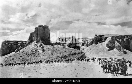 Über die Wüste Gobi zu einem großen Dinosaurier-Brutschrank : Autos und Kamele auf der Wanderung zu Flaming Cliffs in der Mongolei . Hier ist die Kamelkarawane zu sehen , die nach 800 Meilen von Kalgan über den Gobi angekommen ist - 400 Meilen Banditenland im Jahr 40 unter Null Wetter und 400 Meilen trockene Wüste mit zunehmender Hitze bis zu dem Ort , an dem die Dinosauriereier gefunden wurden . 9. Januar 1926 Stockfoto