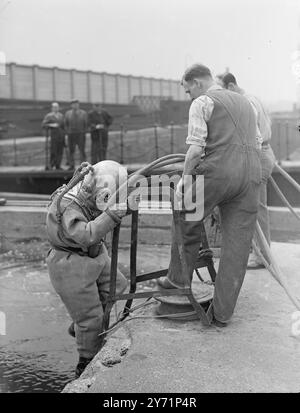 "The Right Hon. Diver" - M.P. geht unter. Es war ein Fall von " Vergessen Sie das Mitglied nicht " heute in den East India Docks, als Captain Ernest Marples, M. P ( Konservativer für Wallasey , Geschäftsführer einer Vertragsfirma ) trug einen Taucheranzug , um die Arbeit seines Unternehmens auf dem Boden der matschigen Themse zu untersuchen . Das Unternehmen baut das neue Kraftwerk von Papplar im Wert von 10.000.000 £ auf dem Gelände des Exportdocks in Ostindien und des Wharfs in Brunswick. Das Bild zeigt : - ' Lobbying Father Thames ' - Captain Ernest Marples , M.P. steigt heute in seinem Taucheranzug am East India Dock ab . Juni 1948 Stockfoto