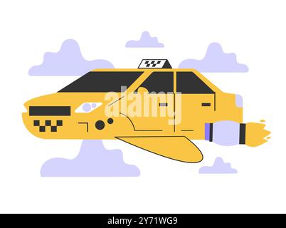 Taxi-Service der Zukunft. Selbstfahrendes, fliegendes gelbes Taxi. Futuristisches Fahrerhaus. Idee des öffentlichen Nahverkehrs. Illustration des flachen Vektors Stock Vektor