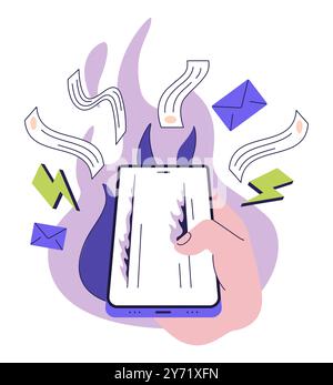 Negative Aspekte und negative Auswirkungen sozialer Medien. Psychologische Auswirkungen sozialer Netzwerke auf den Menschen. Doomscrolling. Charakter liest schlechte Nachrichten, blättert auf dem Smartphone-Bildschirm. Illustration des flachen Vektors Stock Vektor