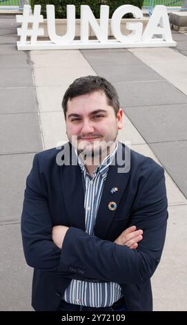 New York, USA. September 2024. Sean Nart repräsentiert junge französischsprachige Belgier bei den Vereinten Nationen und posiert für Fotografen während der 79. Tagung der Generalversammlung der Vereinten Nationen (UNGA79), Freitag, den 27. September 2024, in New York City, USA. BELGA FOTO BENOIT DOPPAGNE Credit: Belga News Agency/Alamy Live News Stockfoto