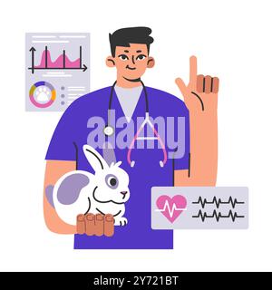 Veterinärtermin. Medizinische Klinik für Haustiere. Kaninchen-Gesundheitscheck. Der Tierarzt untersucht einen Hasen. Illustration des flachen Vektors Stock Vektor