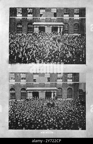 The Illustrated London News 7 September 1889 Treffen vor den West India Dock Gates der Streik der Hafenarbeiter in London - The Vote Top Bild: " Die, die der Resolution zustimmen halten ihre Hände hoch " unteres Bild: " Im Gegenteil " Stockfoto