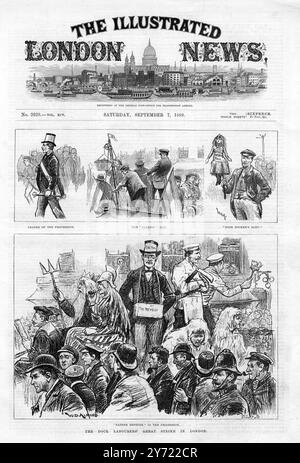 The Illustrated London News 7 September 1889 der große Streik der Hafenarbeiter in London Top Image: Anführer der Prozession, das Auto der Koalies, das Baby des armen Dockers unten: Vater Neptun in der Prozession Stockfoto