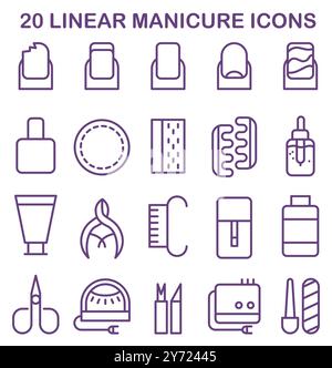 Verschiedene lineare Symbole für Maniküre und Pediküre. Professionelle Ausrüstung und Werkzeuge für Nagelpflege und Design. Schere, Feile, politur, Handcreme, polierentferner, Bürste usw. Illustration des flachen Vektors Stock Vektor