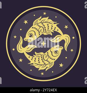 Pisces Zodiac Sign Eine einzigartige künstlerische Darstellung, die seine verschiedenen Aspekte und Bedeutungen erforscht. Astrologische Zeichen, Himmelsobjekte, Astrologie, myst Stock Vektor