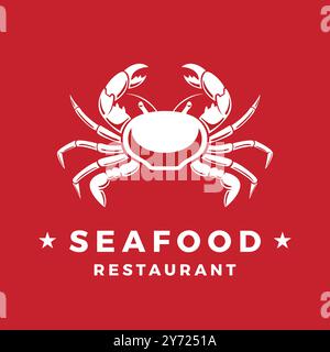Dieses Logo zeigt ein lebhaftes Fischrestaurant mit einer weißen Krabbenillustration auf einem hellroten Hintergrund Stock Vektor