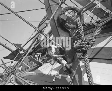 Das berühmteste Schiff Großbritanniens aller Zeiten, HMS Victory, das Flaggschiff von Admiral Lord Nelson, ist die Stadt Portsmouth, die Tausende von Sommerbesuchern begrüßt. Ängste um das Grand Old Ship wurden unterhalten, als während eines kürzlichen Sturms alte 32 Pfund schwere Geschützwagen ihre Keile rutschten und durch Fenster auf der Hafenseite des Schiffes stürzten und man dachte, Victory hätte auf ihrer Stahlwaage geschüttelt. Die Waffen wurden ersetzt. Victory wird jedoch ihre Rolle als Stolz von Portsmouth und der King's Navy noch viele Jahre fortsetzen. März 1948 Stockfoto