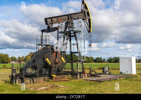 Öltiefpumpe „Pferdekopf“. Dorfstraße, Am Peenestrom, Mecklenburg-Vorpommern, Deutschland Stockfoto